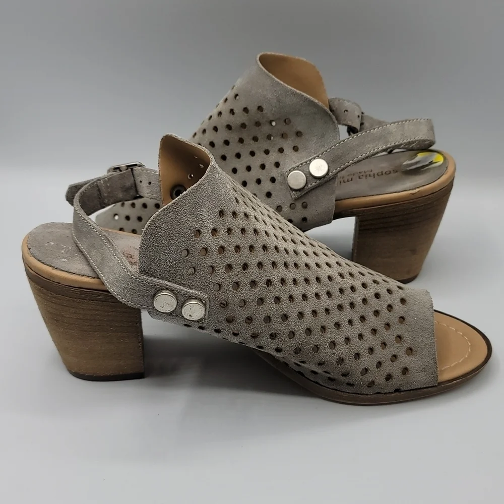Sophia Milano Grey Perforated Suede Sling Back Sandal Heels Size 8 - Picture 3 of 8